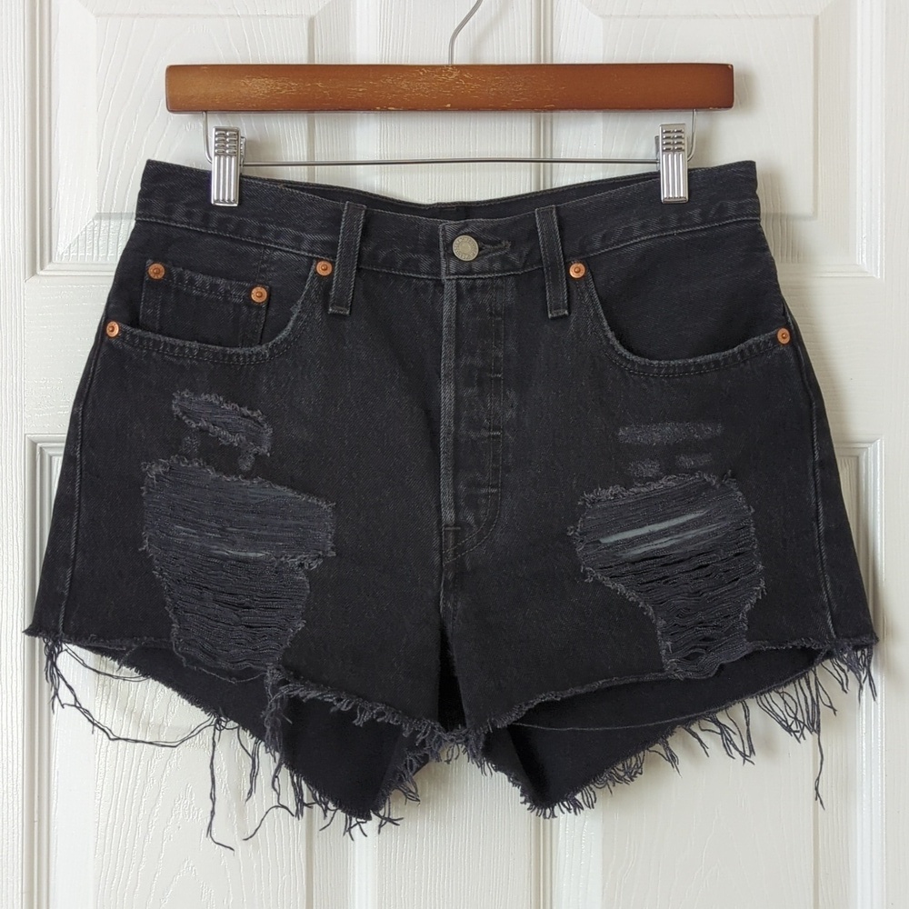 Levi's 501 Classic Distressed High Rise Cut Off Button Fly Jean Shorts Black 29